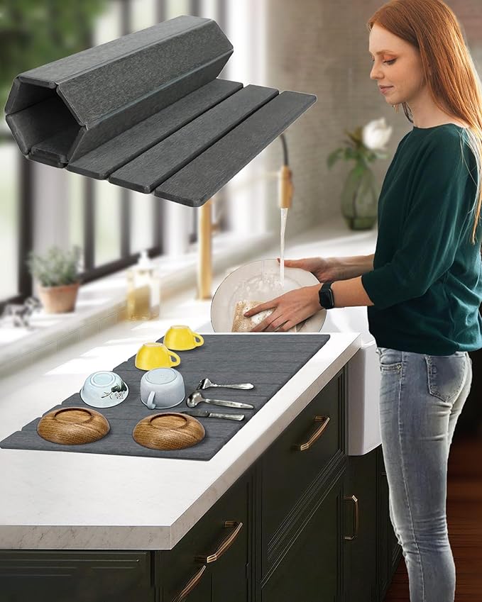 Large Stone Dish Drying Mat for Kitchen Counter, 24x16 Inches Foldable Food-grade Material Super Absorbent Diatomaceous Earth Mats with Self-drying for Dishes Sink Bathtub, Dark Grey