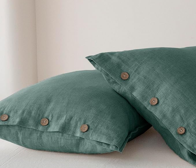EVERLY 100% Linen Pillowcases Set of 2, French Linen from Normandy, 20X30Inch Standard Size, Natural Color, Coconut Buttons Closure, Flax Pillowshams-Pillowcase-Aqua
