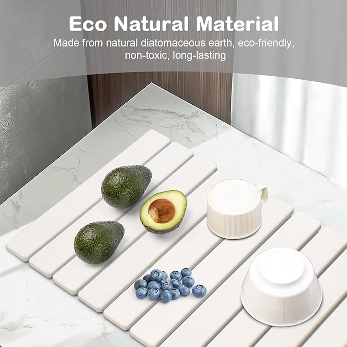 Large Stone Dish Drying Mat for Kitchen Counter, Foldable Quick Drying Dish Mats, Ultra Absorbent Diatomaceous Earth Mats for Dishes Bottles Cups, Match Any Countertop (White 24"×16" & 8"x4")