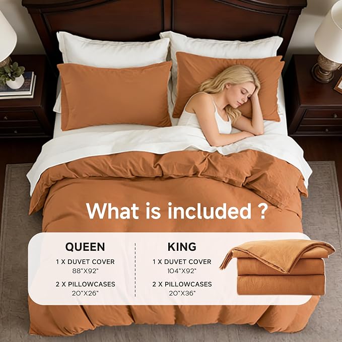 QKTE French Linen Duvet Cover Set, 3 PCS Natural French Flax Rust Duvet Cover King Size, Breathable Soft Comfy Linen Bedding Comforter Cover with 2 Pillowcases(Rust, 104" x 92")