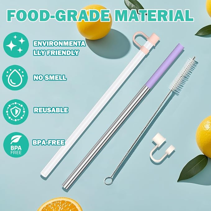 HEYSKAY 6pc Replacement Straws Reusable for Stanley Tumbler 40oz 30oz Metal&Plastic Replacement Straws with Straw Covers,Silicone Tips and Cleaning Brushes
