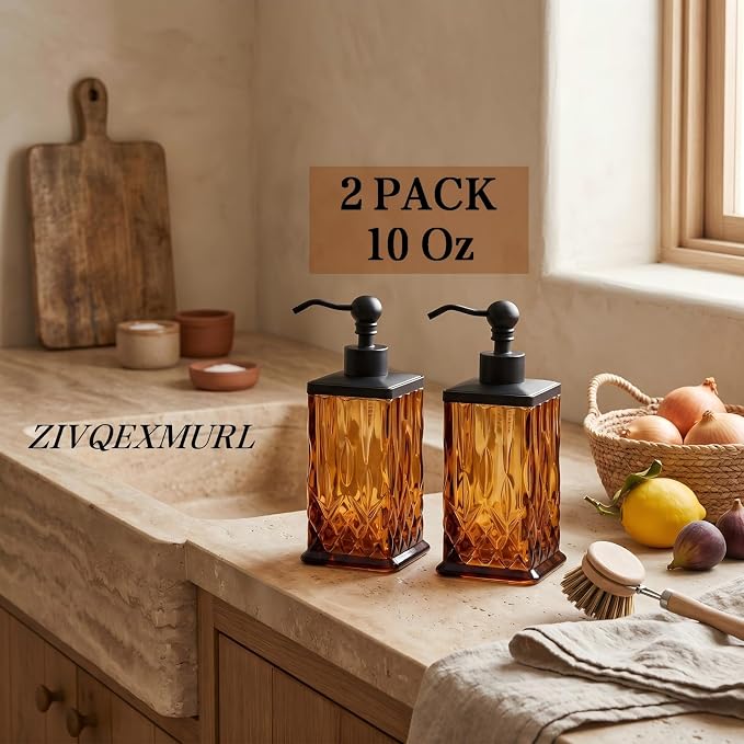 2 Pack 10Oz Glass Soap Dispenser with Matte Black Zinc Alloy Pump,Amber Square Textured Refillable Hand Soap Dispenser with Vertical Fluting for Lotion,Soap,Body Wash,Kitchen Bathroom Countertop Decor