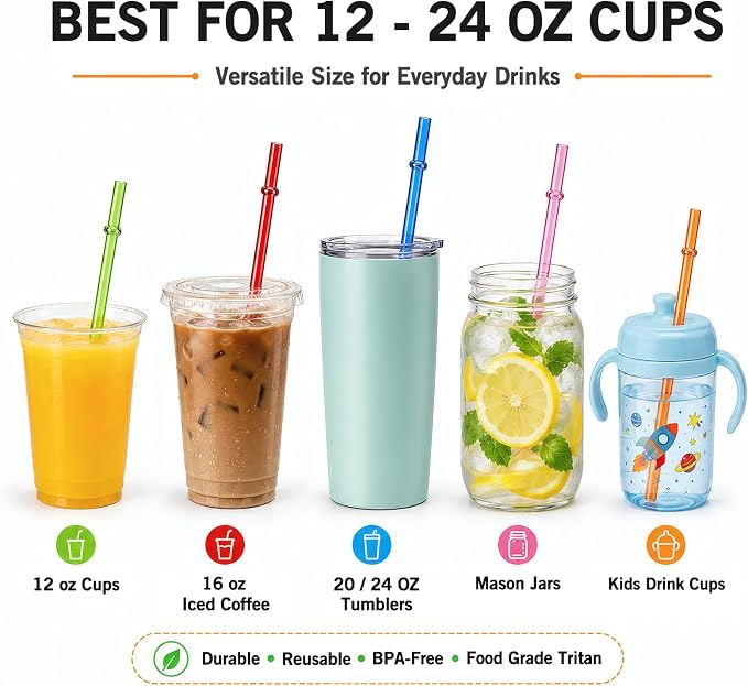 24 Pack Reusable Plastic Straws with 4 Brushes, 9" Tritan Hard Straws | 12 Clear Colors Replacement Straws for 12oz 16oz 20 oz Tumblers, Mason Jars, Stanley, YETI, Starbucks Cups, BPA Free