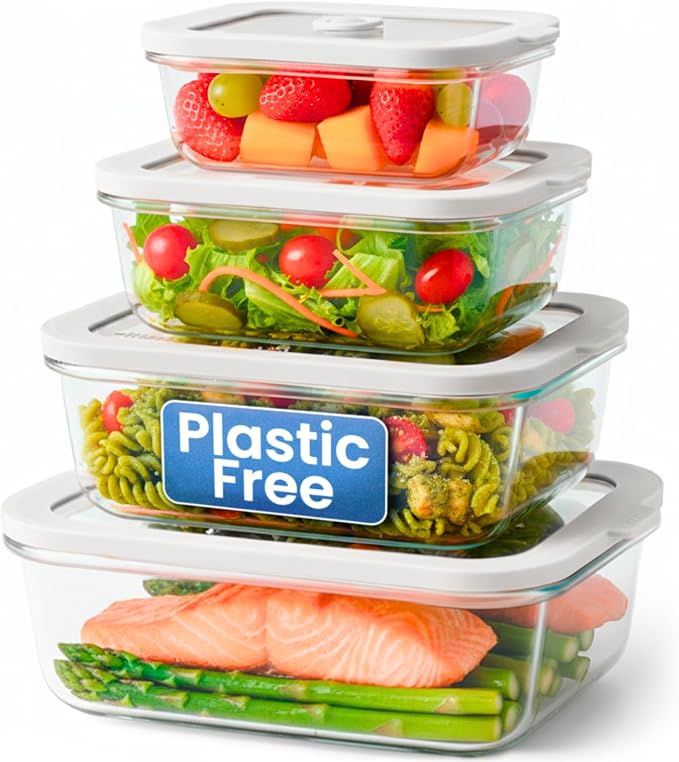 Ziruma Non-Toxic Glass Food Containers with Lids, 4-Pack, Multi-Size, Gray | Plastic & BPA free. Glass body, glass lid & platinum silicone seal. Airtight & leakproof. Freezer & microwave safe.