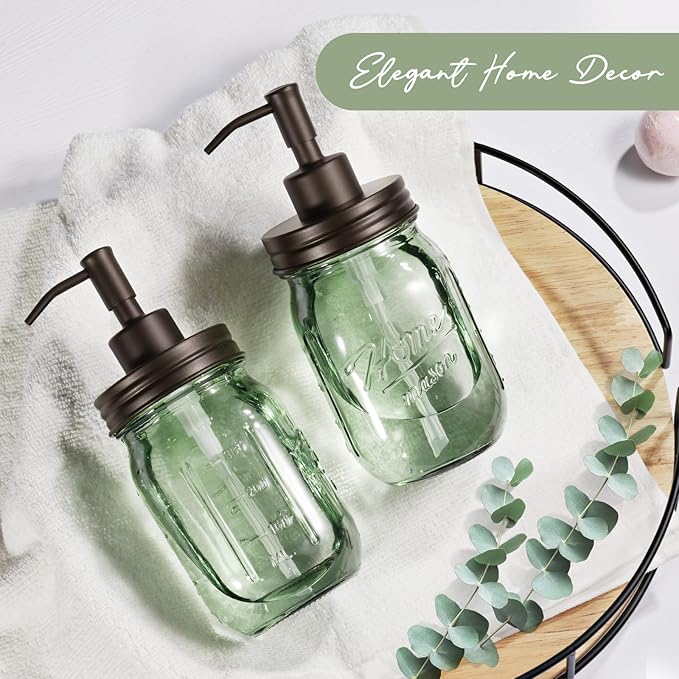 SheeChung Mason Jar Green Glass Soap Dispenser, Stainless Steel Pump, Refillable Dish soap Dispenser for Kitchen, 16Oz Bathroom Hand Soap Dispenser for Lotion, Liquid, Farmhouse Decor-Bronze, 2 Pack