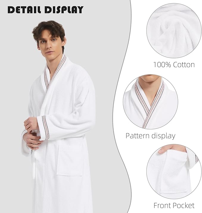 Men's Robe,Pure Cotton Robe for Men,Absorbent Bathrobe,Luxurious Terry Cloth Bathrobe with Shawl Collar
