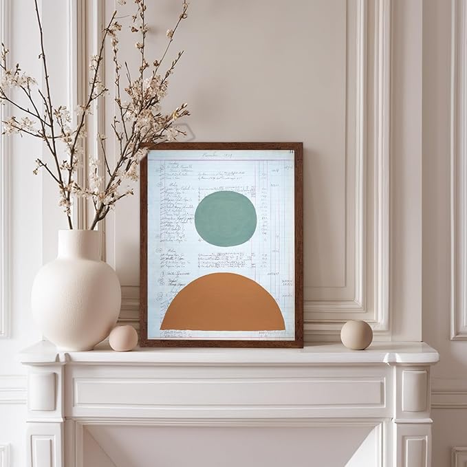 Monem Art Vintage Ledger Abstract Geometric Print - Modernist Teal and Ochre Art Poster - Wall Decor for Office, Living Room or Studio - 8x10 Brown Framed Wall Art by Renee Stramel
