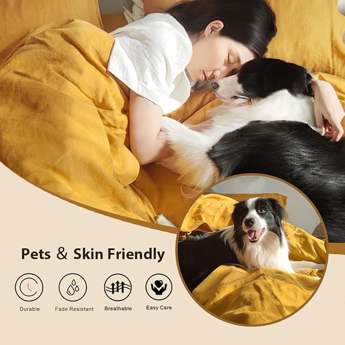 S VICTORY SYMBOL 100% Organic Linen Duvet Cover Set 2pcs,Natural French Washed Flax Solid Color Soft Breathable Farmhouse Bedding with Button Closure (Yellow,Twin)