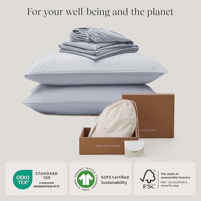 Double Stitch 100% Organic Cotton Sheets, Queen Sheet Set, GOTS Certified Long Staple Cotton Bedsheets, Luxury & Soft Hotel Bed Sheets with 16 inches Deep Pocket, Made in India Light Blue