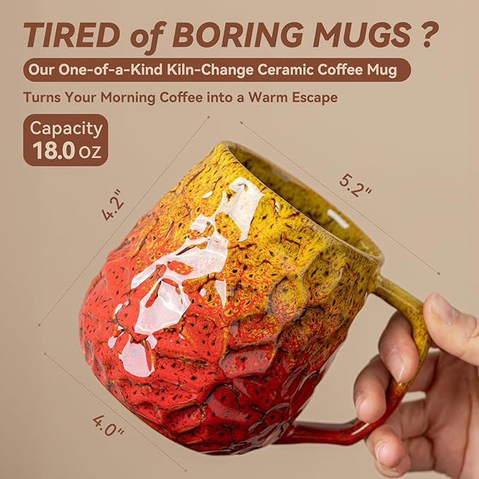 18oz Unique Yellow & Red Kiln-Change Ceramic Coffee Mug, Handcrafted Hammered Texture Ceramic Mug with Ergonomic Handle, Microwave & Dishwasher Safe, Gift for Coffee Lovers, Home Office Daily Use