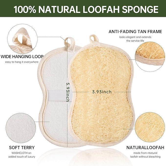 3 Pack Natural Loofah Exfoliating Body Scrubber, Biodegradable Bath Luffa Sponge, Loofas Body Scrub, Organic Loofah with Handle, Shower Loofah for Women