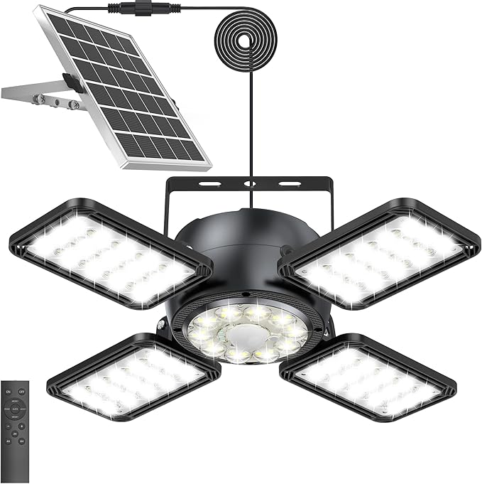 INXPHY Solar Shed Light 1200LM Ultra Bright, 174LEDs Motion Sensor Pendant Light with Remote & Timer, 6500K Daylight, IP65 Waterproof, 120° Adjustable 4+1 Solar Powered Light for Garage Camping Plants