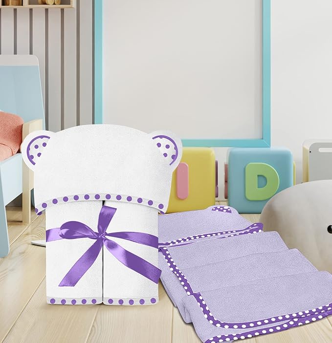 Set of 2 Hooded Baby Towels – White and Purple – Luxurious, Large and Super Absorbent – 35 x 35 Inch – Soft and Suitable for Infants, Toddlers and Kids – 400 GSM