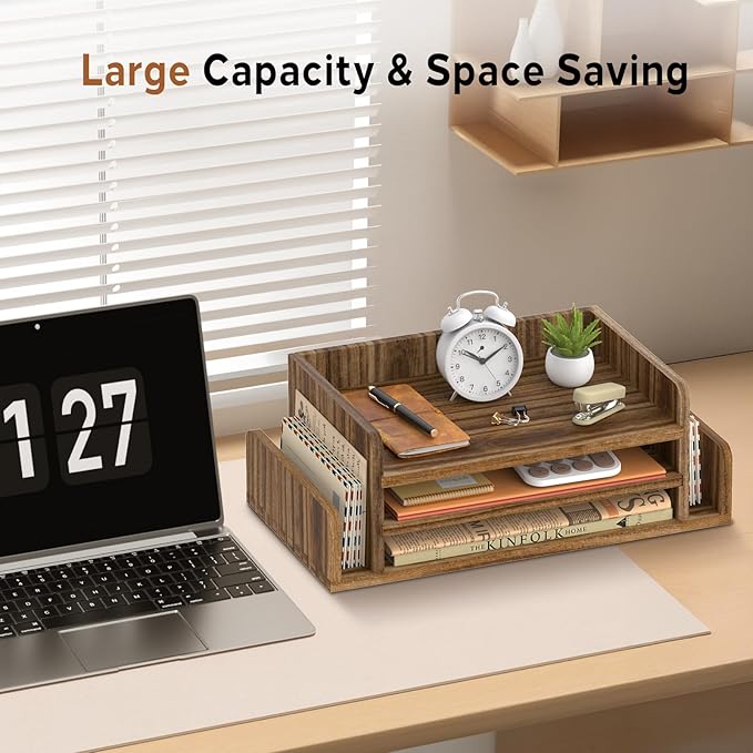 SUPEASY Wooden Desk Organizer, 3-Tier Letter Tray File Organizer with Dual Side Mail Sorter, Solid Wood Desktop Paper Organizer for Office, Home Office, Classroom（Dark Brown）