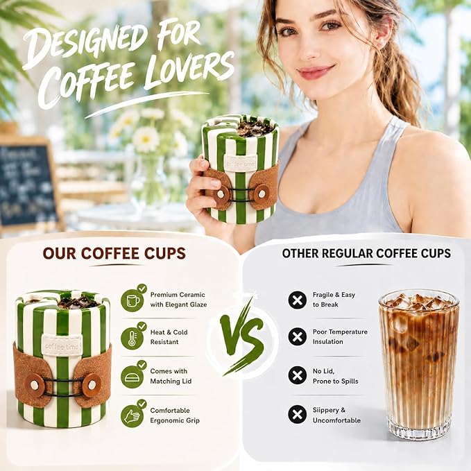 Shelprojsu 10oz Ceramic Travel Coffee Mug,Ceramic Mug with Sip hole Hand Painted Coffee Mugs with Sleeve Cup,Can Work as a Gift Ideal for Coffee Lovers(Green)