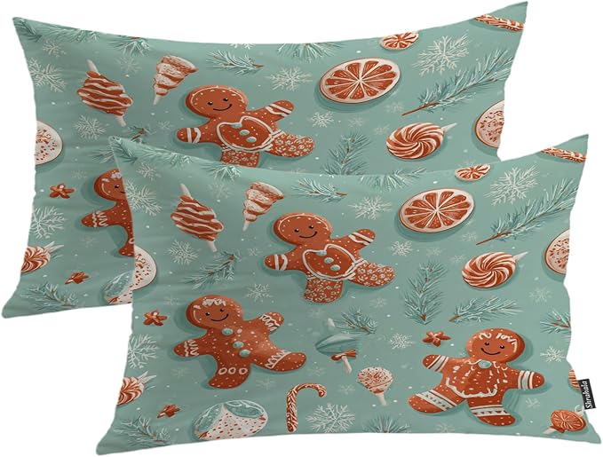 Shrahala Gingerbread Christmas Candy Decorative Throw Pillow Cover, Retro Christmas Candy Pattern Lumbar Pillowcase Blended Double-Sided No Inserts for Bedroom Living Room Set of 2 (12 x 20 in)