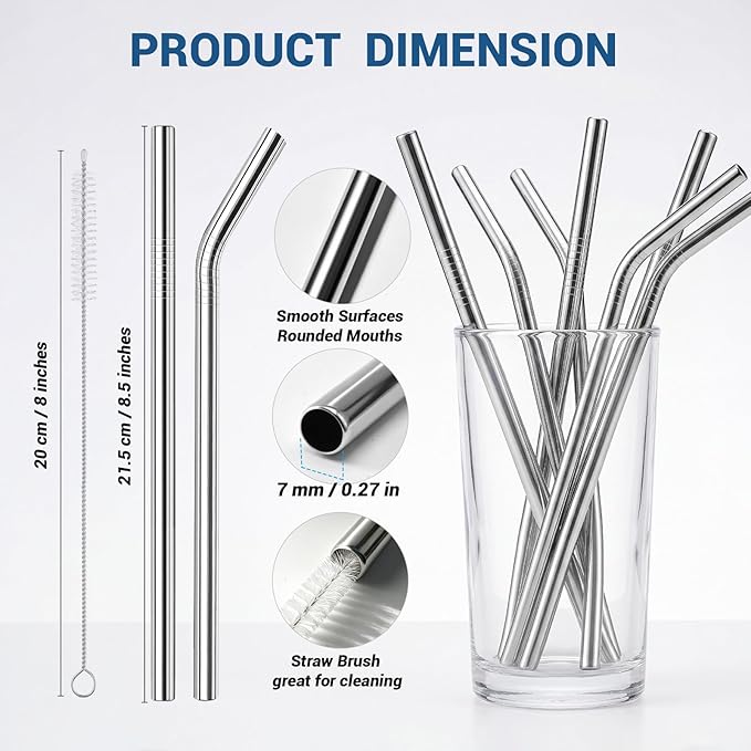 8 Pcs Metal Straws Reusable, 8.5" x 8 mm Reusable Metal Straws Stainless Steel Straws with 2 Cleaning Brush, 4 Straight 4 Bent Metal Drinking Straw for Cocktail Coffee Beverage
