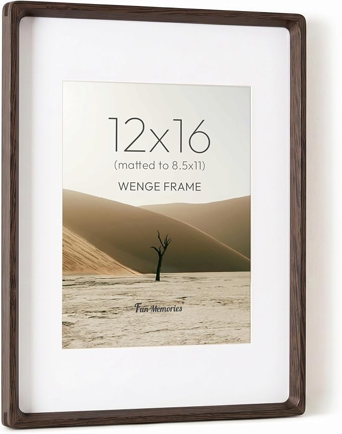 Fun Memories 12x16 Picture Frame, Natural Wenge Wood Photo Frames with HD Tempered Glass, Handcrafted Rounded Corner 12 x 16 Wooden Frames Matted to 8.5x11 Photos, Horizontal or Vertical Wall Display