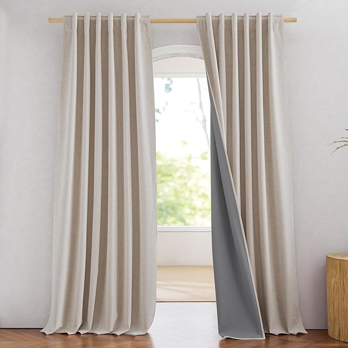 NICETOWN Natural Linen Blackout Curtain 52 x 80 inch Panels: Full Bedroom Blackout, Thick Insulated Classic Rod Pocket Back Tab Draperies with Thermal Insulated Liner for Windows(Set of 2)
