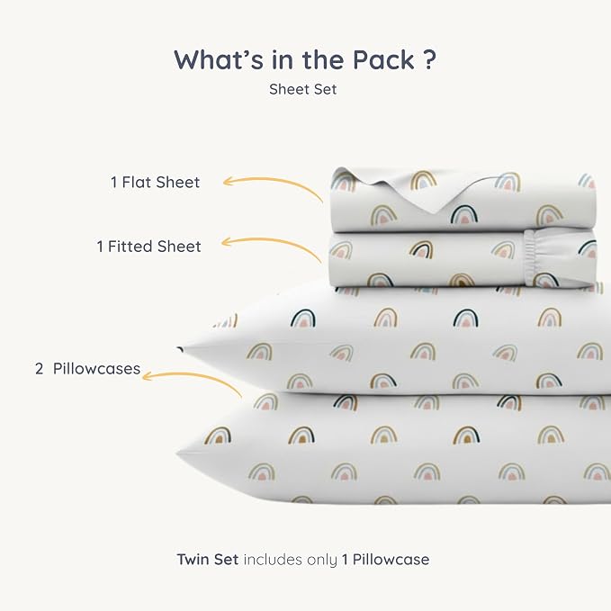 MakeMake Organics Organic Queen Sheet Set (4 Piece) GOTS Certified Organic Cotton Sheets Non Toxic Safe Fitted, Flat Sheet, Pillowcases (Rainbow)