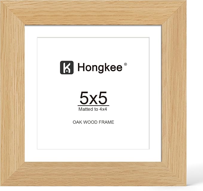 Hongkee 5x5 Oak Wood Picture Frame 1 Pack(Matted 4x4) with Real Glass Cover | Natural, 5 x 5 Solid Wood Frame for Wall or Tabletop Display - Includes Easel Back, Vertical Hang - Ideal for Home, Office