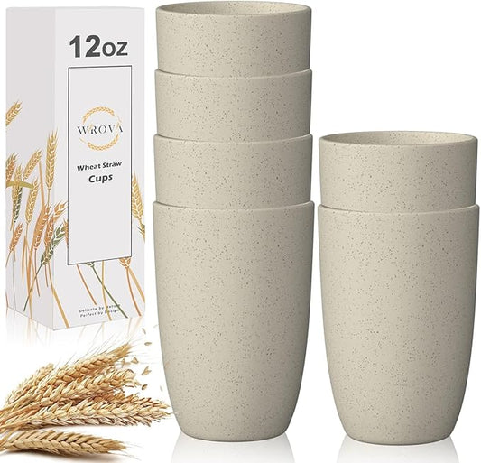 Wrova Wheat Straw Cups 6 PCS Good Alternative to Plastic Reusable Cups 12 oz Unbreakable Drinking Cup Reusable Dishwasher Safe Water Plastic Glasses Beige