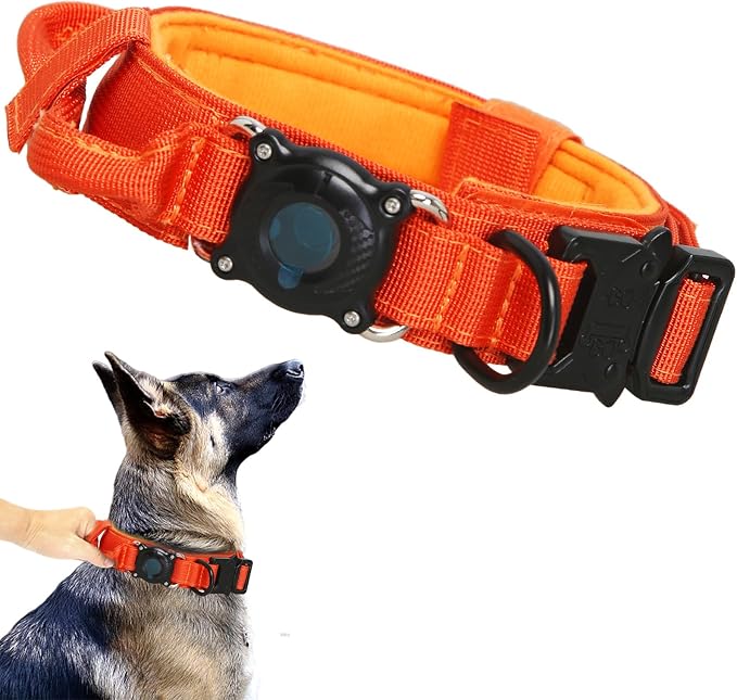Upgraded AirTag Dog Collar,Waterproof Tactical Dog Collar with AirTag Holder, Control Handle and Metal Buckle,Heavy Duty Dog Collars for Large Dogs(Orange，XL