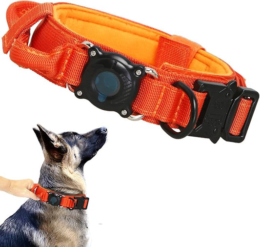 Upgraded AirTag Dog Collar,Waterproof Tactical Dog Collar with AirTag Holder, Control Handle and Metal Buckle,Heavy Duty Dog Collars for Large Dogs(Orange，XXL