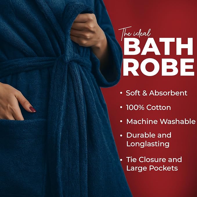 RIVERSIDE Premium 100% Cotton Terry Bathrobe For Women and Men - Soft Towel Robes with Shawl Collar Ajdustable Belt & Pockets