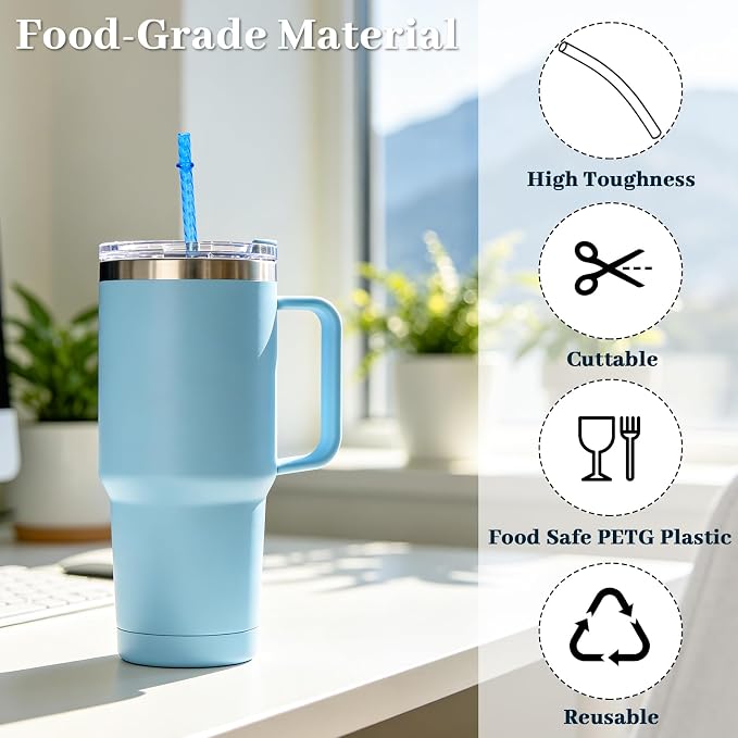 50PCS Reusable Straws with Cleaner Brush, 12.2" Long Colorful Clear Hard Plastic Swirl Drinking Straws for Stanley, YETI, Starbucks, Owala 30 oz 40 oz Tumblers, Jars, Cups