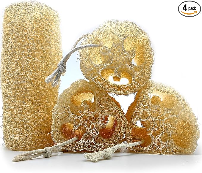 Zooshine 4PCS 6" Natural Loofah Sponge Organic Shower Loofah for Exfoliating & Smooth Skin, Loofahs for Bathing for Men & Women