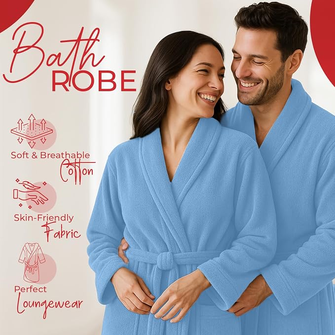 RIVERSIDE Premium 100% Cotton Terry Bathrobe For Women and Men - Soft Towel Robes with Shawl Collar Ajdustable Belt & Pockets