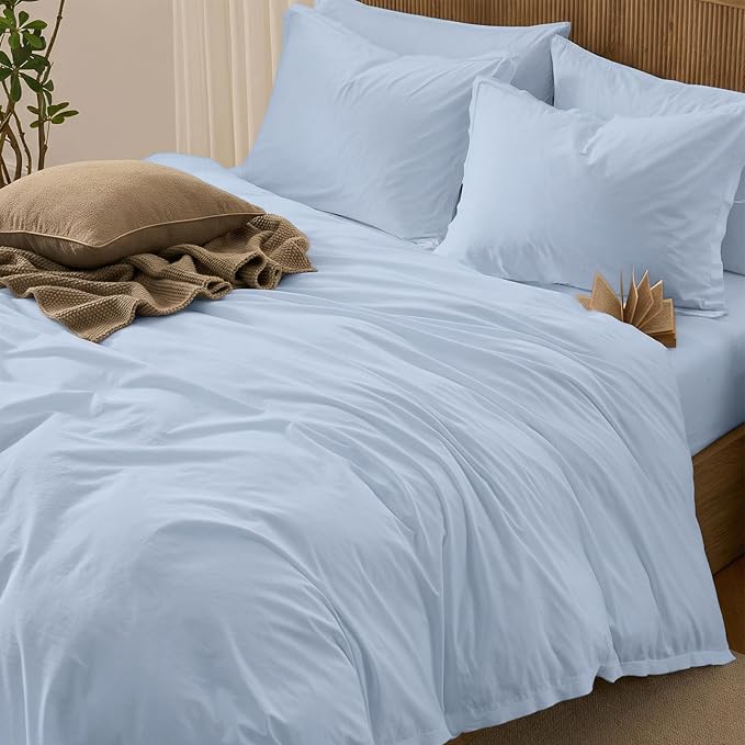 Duvet Cover Set King Size, 100% Washed Cotton, Light Weight Breathable Comforter Cover Linen Feel,3PCs Breathable Bedding Set for All Season, Blue, 104”X90“