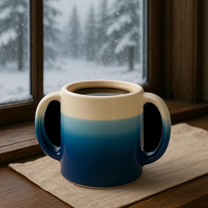 GUTE Handmade Pottery Double Hand Warmer Mug - 14 oz Ceramic Coffee Mug with Contoured Pockets for Both Hands Clay, Dishwasher & Microwave Safe, Comfy Blue - Winter Stocking Stuffer Gift
