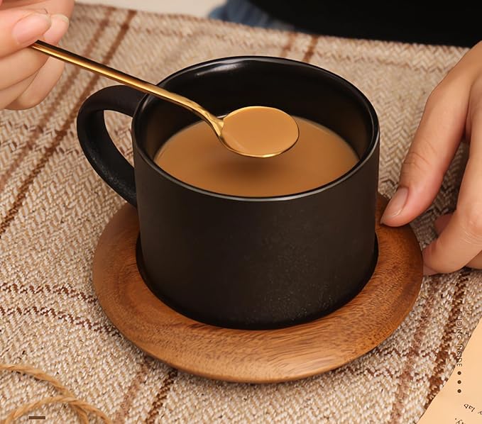 Ceramic Coffee and Tea Cup with Natural Acacia Wood Saucer (8 Oz), Best for Latte, Cappuccino, Tea or Espresso. Unglazed Porcelain Arty Mug (Pure black)