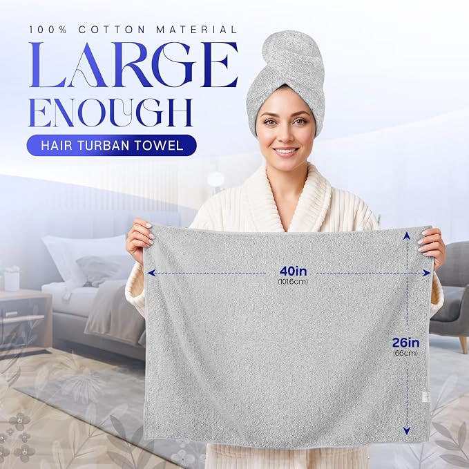 Lili&James Cotton Hair Towel Wrap for Women/Kids | Quick Dry, Soft & Absorbent Hair Wrap Towels with Double Button (Pack of 1, Grey Large)