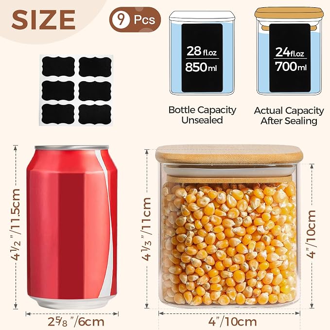 ComSaf 27oz&24oz Set of 13 Glass Storage Containers with Lids, Glass Jars with Bamboo Lids, Clear Food Storage Jar, Round Glass Canister, Pantry Organizers and Storage for Pasta Flour Coffee Bean