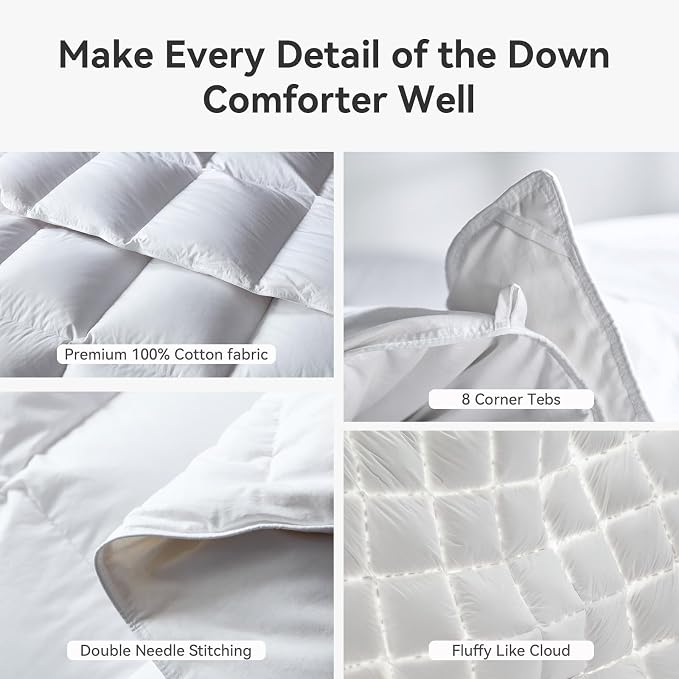 L LOVSOUL Goose Feather Down Fiber Comforter King Size, 100% Organic Cotton Fabric Duvet Insert,1200TC,750+FP, Hotel Collection, All Season White Bedding Comforters with 8 Tabs
