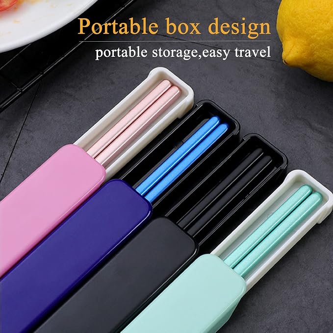Metal Chopsticks With Case, 3 Pairs, Light Blue Green Pink | Reusable, Dishwasher Safe, Square Lightweight Non-Slip, Portable For Travel Camping Bento Box
