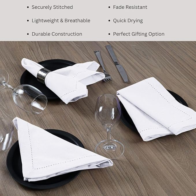 Hemstitch Dinner Napkins 100% Cotton Set of 12 - for Dining Weddings Parties Restaurants Holidays Easter Everyday Use - Soft Durable Washable Table Napkins - 18x18 Inch Cloth Napkins White
