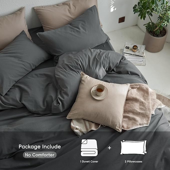 MooMee Full Duvet Cover Set, 100% Washed Cotton Linen Like Twill Thick Sturdy Material Super Soft Breathable Durable Bedding for All Season, 3 Pieces (Dark Gray, Full 80"x90")
