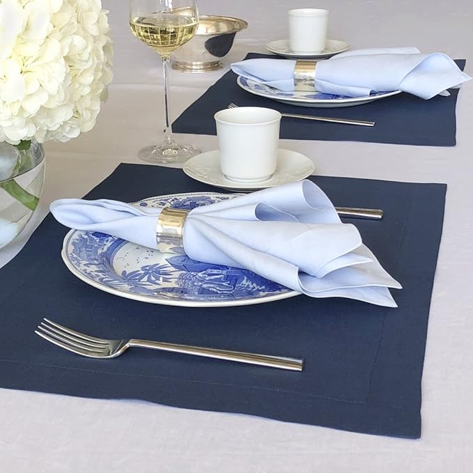 Huddleson Sky Blue Linen Napkin 20x20 (Set of Four) Luxury Italian Linen Napkin Sewn in US