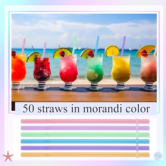 Jovitec 50 Pieces Plastic Straws Reusable for Tumblers Mason Jars Milkshakes Smoothies Reusable Hard Plastic Drinking Straws with Cleaning Brush(9 Inch,Morandi)