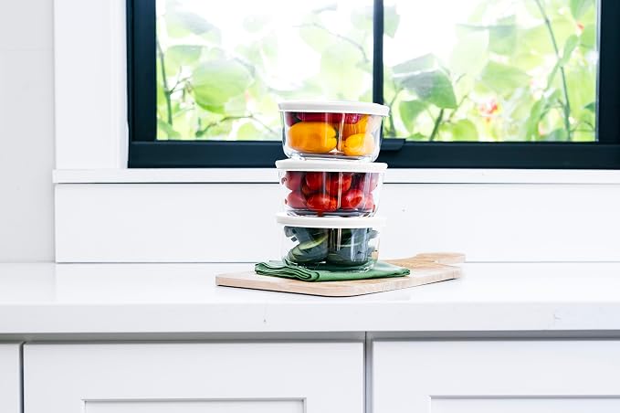 6-Piece Glass Food Storage Containers Set (3 Containers + 3 BPA-Free Lids) | 2-Cup, Leakproof | Microwave, Freezer, Oven & Dishwasher Safe | Ideal for Meal Prep & Pantry Organization, White