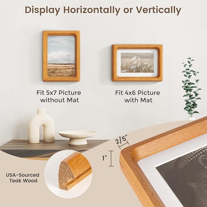 5x7 Picture Frame Set of 2, USA-Sourced Teak Wood Photo Frame with HD Tempered Glass, Handcrafted Rounded Corner 5 x 7 Wooden Frames Matted to 4x6 Photos, 5x7 Frames, Tabletop or Wall Display