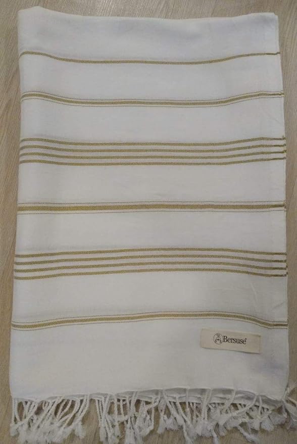 Bersuse Towels Anatolia XL Beach Blanket Throw Blanket Turkish Towel 100% Cotton Extra-Large Quick-Dry Lightweight Premium Peshtemal Towel - 61x82 Inches, White Gold