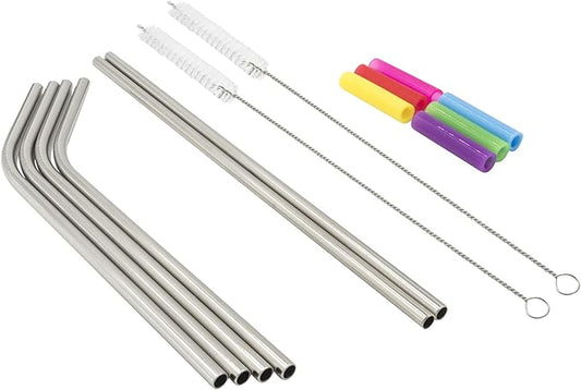 Reusable Drinking Straws, Stainless Steel, 4 Bent, 2 Straight, 2 Cleaning Brushes, 6 Silicone Flex Tips - Mixing Drinks or on the Go