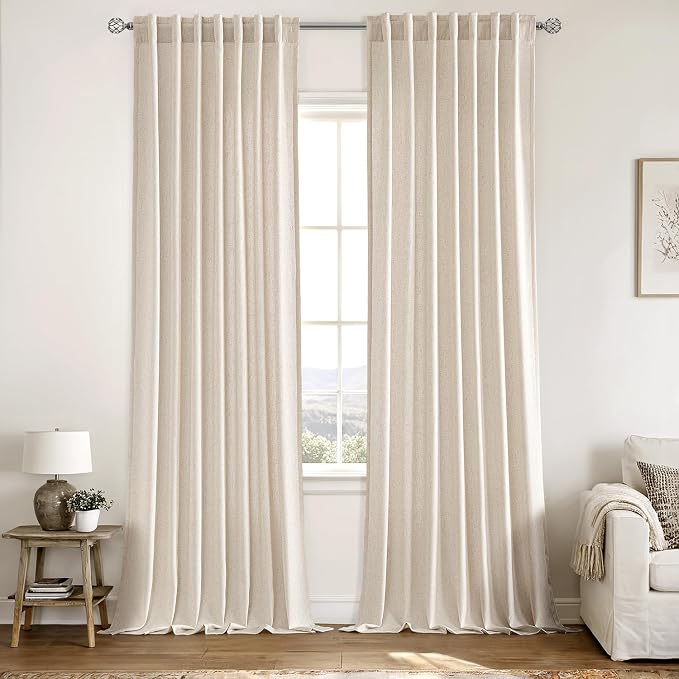 MIULEE Non-See-Through Privacy Linen Curtains 2 Panels, Light Filtering Window Curtains Farn House Textured Back Tab Semi Sheer Drapes for Bedroom Living Room, 52 x 90 Inches Long, Birch
