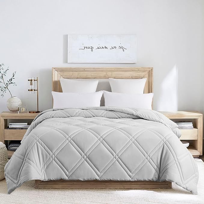 Feather and Loom Double Diamond Stitch Down Alternative All Seasons Comforter - Soft and Easy Care Microfiber Cover, Hypoallergenic High Loft Fiber Fill, Machine Washable Color: Grey Size: Twin