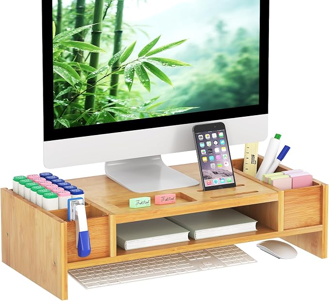 Ufine Bamboo Monitor Stand with Storage Compartments Small Desk Organizer | Ergonomic Computer Laptop Riser with Pen Holder Keyboard Storage for Home Office